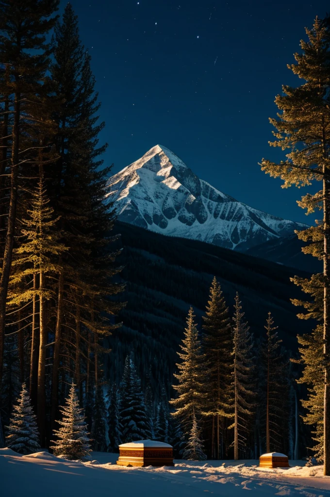 a mountain with trees at night with wolves and coffins