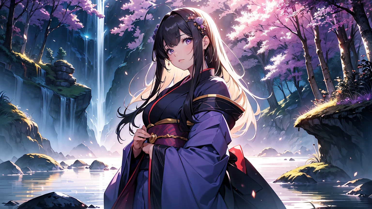 A princess with a delicate, beautiful face, large eyes, and clear black straight hair, looking enchanting in a traditional, gorgeous Japanese red and purple kimono, stands on a rock in the mountains and looks up. A gentle, warm light surrounds the princess. The background is filled with soft out-of-focus light, and the pale blue and purple hues create a dreamy, serene, and enchanting atmosphere. Fireflies glowing in the moonlit night surround the princess, adding to the magical and ethereal atmosphere.