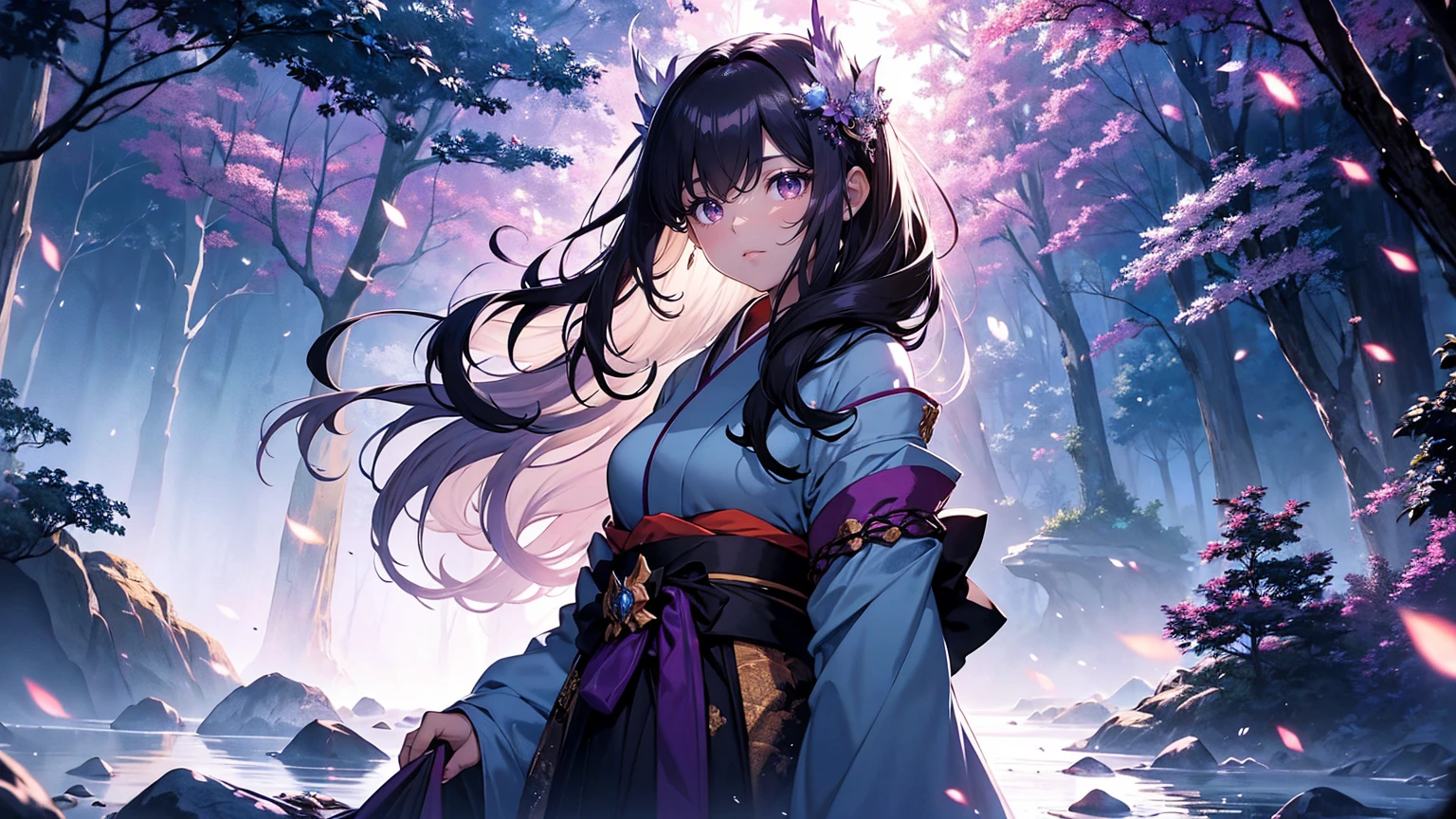 A princess with a delicate, beautiful face, large eyes, and clear black straight hair, looking enchanting in a traditional, gorgeous Japanese red and purple kimono, stands on a rock in the mountains and looks up. A gentle, warm light surrounds the princess. The background is filled with soft out-of-focus light, and the pale blue and purple hues create a dreamy, serene, and enchanting atmosphere. Fireflies glowing in the moonlit night surround the princess, adding to the magical and ethereal atmosphere.
