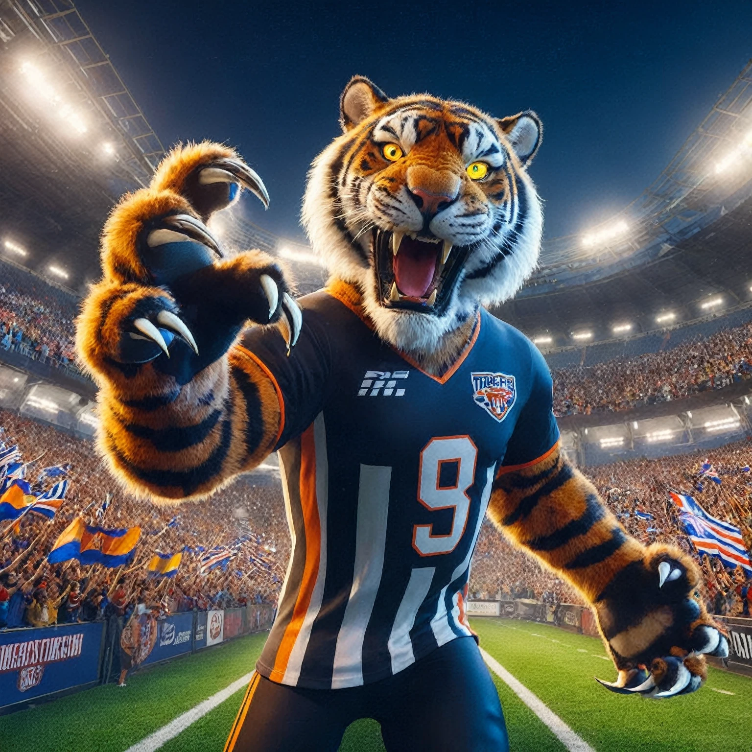 a close up of a tigre mascot in a football stadium, tony the tigre, football mascot, sports team mascot, half tigre, Illustrates??the mascot&#39;s, officer fan art, anthropomorphic tigre, sport mascot, tigers, cgi 8k, amazing wallpaper, 🇺🇦, just a joke, in game style 8k, officer, tigre_will do, promotional rendering