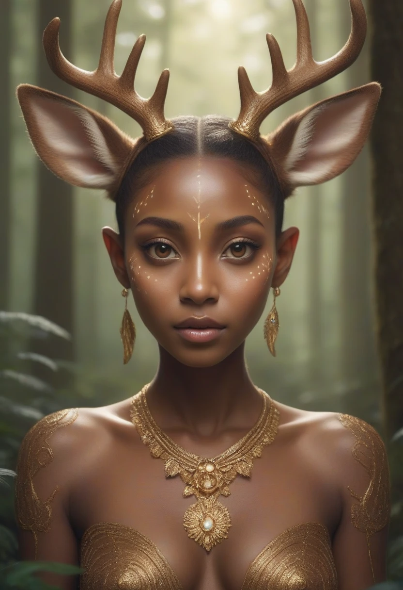 (Masterpiece artwork, high resolution, CGI, detailed: 1.4), portrait of the beings of the enchanted forest, (brown skin with light markings like deer: 1.3), (big sensitive ears: 1.2), (big, golden eyes like a cat&#39;s: 1.3), vertical pupils, (some with intense green or red eyes: 1.2), (hands with three fingers and one thumb, sharp black claws: 1.3), (light bodies, fast and graceful: 1.2), (enchanted forest environment in the background: 1.1), bright leaves and ancient trees, (magical and ethereal atmosphere: 1.3), details Intricate, (naturalistic and fantastic perspective: 1.2)