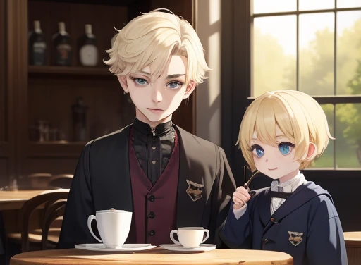 masterpiece, top quality, 1other, ((male child)), , different color, subtle eye and detailed face, complex parts, Wizarding World Costumes, Children's clothing, Inside the coffee shop, Play with the chin of the table, smile, happiness, tenderness, Youth, high image quality、 Adonis、Short stature、window、𝓡𝓸𝓶𝓪𝓷𝓽𝓲𝓬、Englishman, k-pop, professional photos, ((Vampires)), inspired by Shim Sa-jeong, androgynous vampire, :9 detailed face: 8, very detailed face, detailed punk hair, ((Light blue eyes)) baggy eyes, very detailed, semi-realistic anime, Vampires, hyperrealistic , gentle androgynous prince, SHEEP, short hair above the ears, Smiling boy, ((Little Englishman with short blonde hair and light blue eyes)), ((1 old Man)), ((1 person)), ((Children&#39;s hands)), ((Girls with pretty long pink hair))