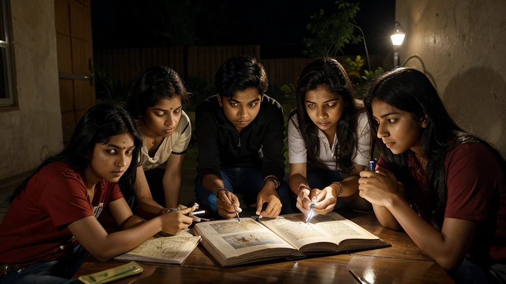 Four friends, Aryan, Mihir, Sakshi, and Ananya, gathered together, looking determined and curious. They are holding a flashlight and a map, planning their adventure.