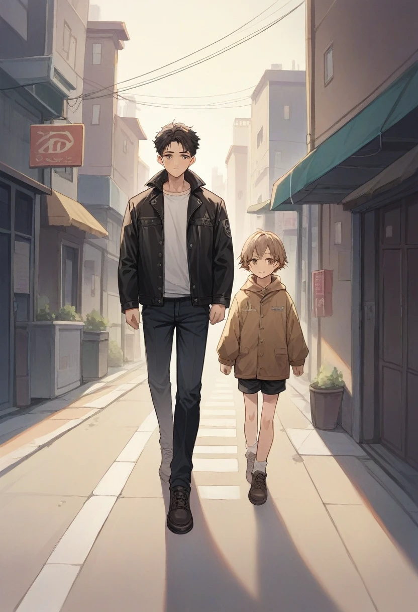 Young man, 26 years old, solitary, of average height, light brown complexion, black hair., big, light brown eyes wearing dark clothes and a leather jacket walking with a small stray dog with white fur collar and brown spots with pointed ears at night in an illuminated city
