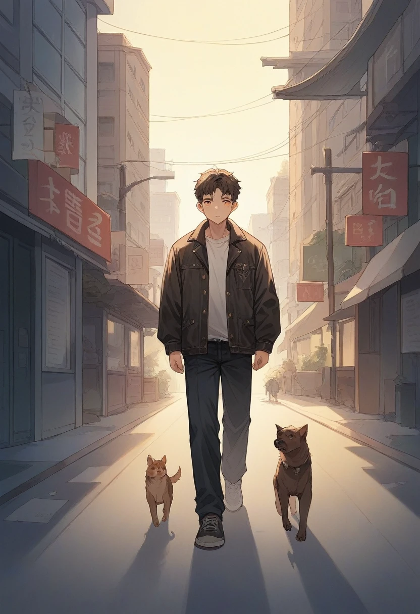 Young man, 26 years old, solitary, of average height, light brown complexion, black hair., big, light brown eyes wearing dark clothes and a leather jacket walking with a small stray dog with white fur collar and brown spots with pointed ears at night in an illuminated city 