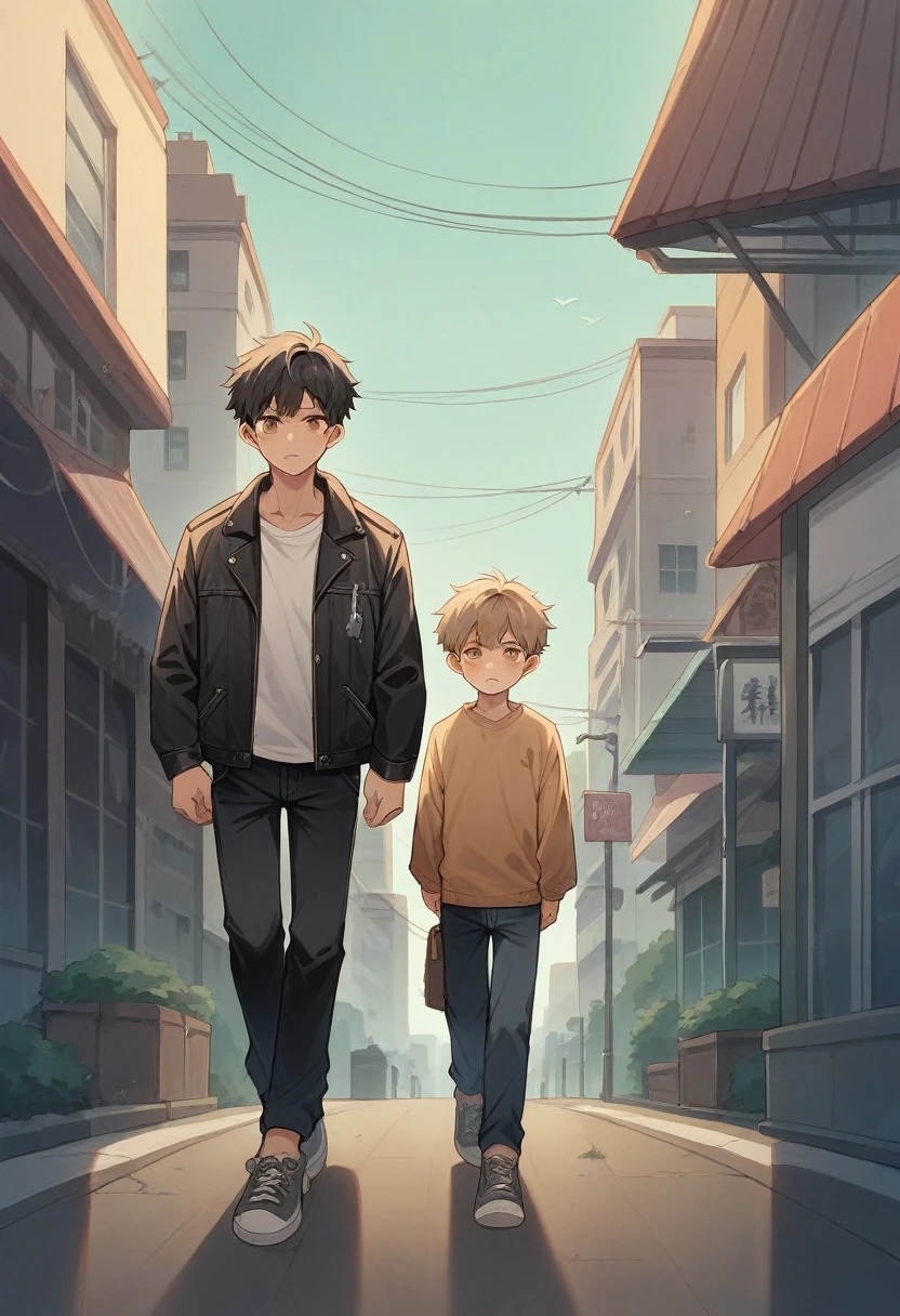 Young man, 26 years old, solitary, of average height, light brown complexion, black hair., big, light brown eyes wearing dark clothes and a leather jacket walking with a small stray dog with white fur collar and brown spots with pointed ears at night in an illuminated city