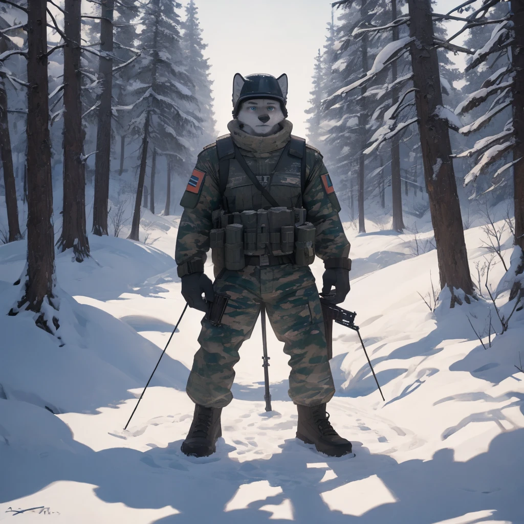 Male, males, fox, arctic fox, white fur, short hair, 20 years old, rifle, ussr flag badge, Snow camouflage, military helmet, winter camouflage, dramatic effect, dramatic light, shadow, shade, higlight, high quality, high details, High detailed image, high quality image, Very detailed shadows, high detail shadows, Snowy forest, snowy, Winter, snowfall, high details 