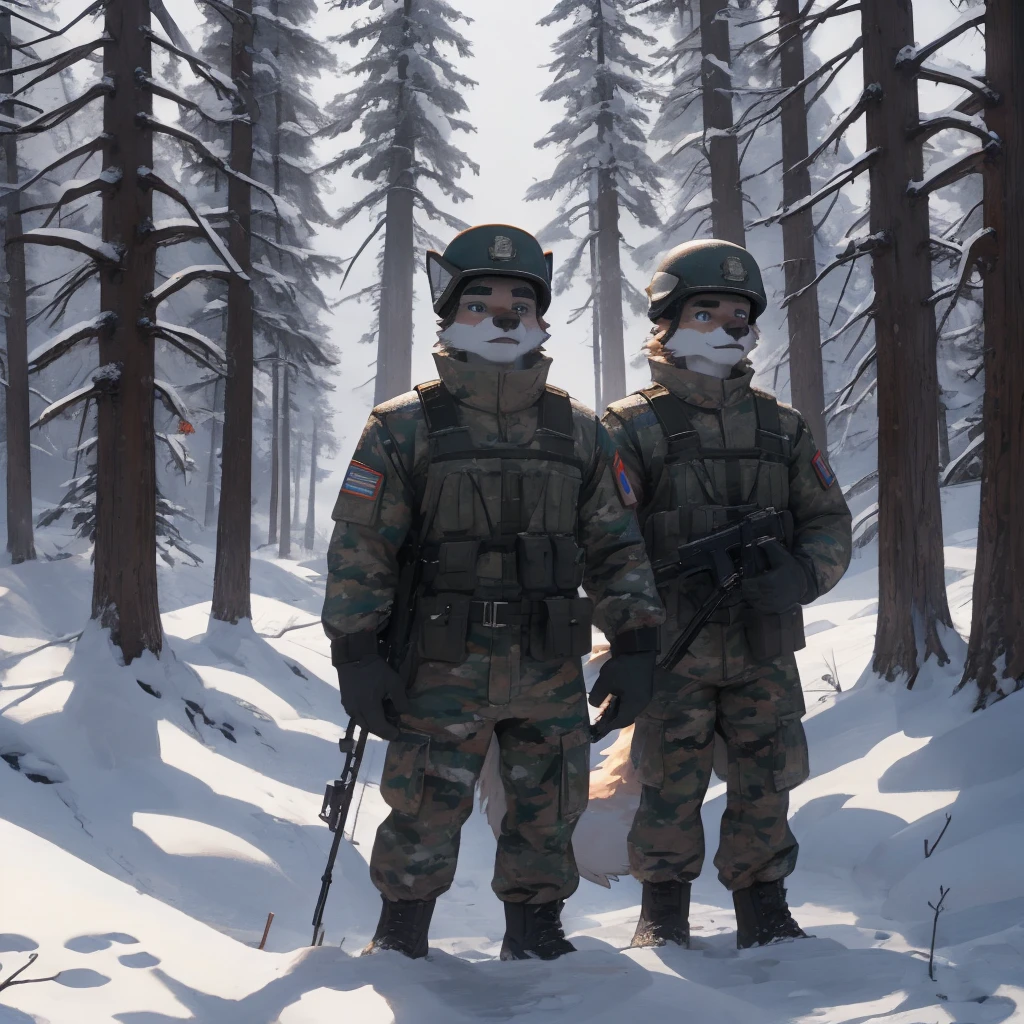 Male, males, fox, arctic fox, white fur, short hair, 20 years old, rifle, ussr flag badge, Snow camouflage, military helmet, winter camouflage, dramatic effect, dramatic light, shadow, shade, higlight, high quality, high details, High detailed image, high quality image, Very detailed shadows, high detail shadows, Snowy forest, snowy, Winter, snowfall, high details 