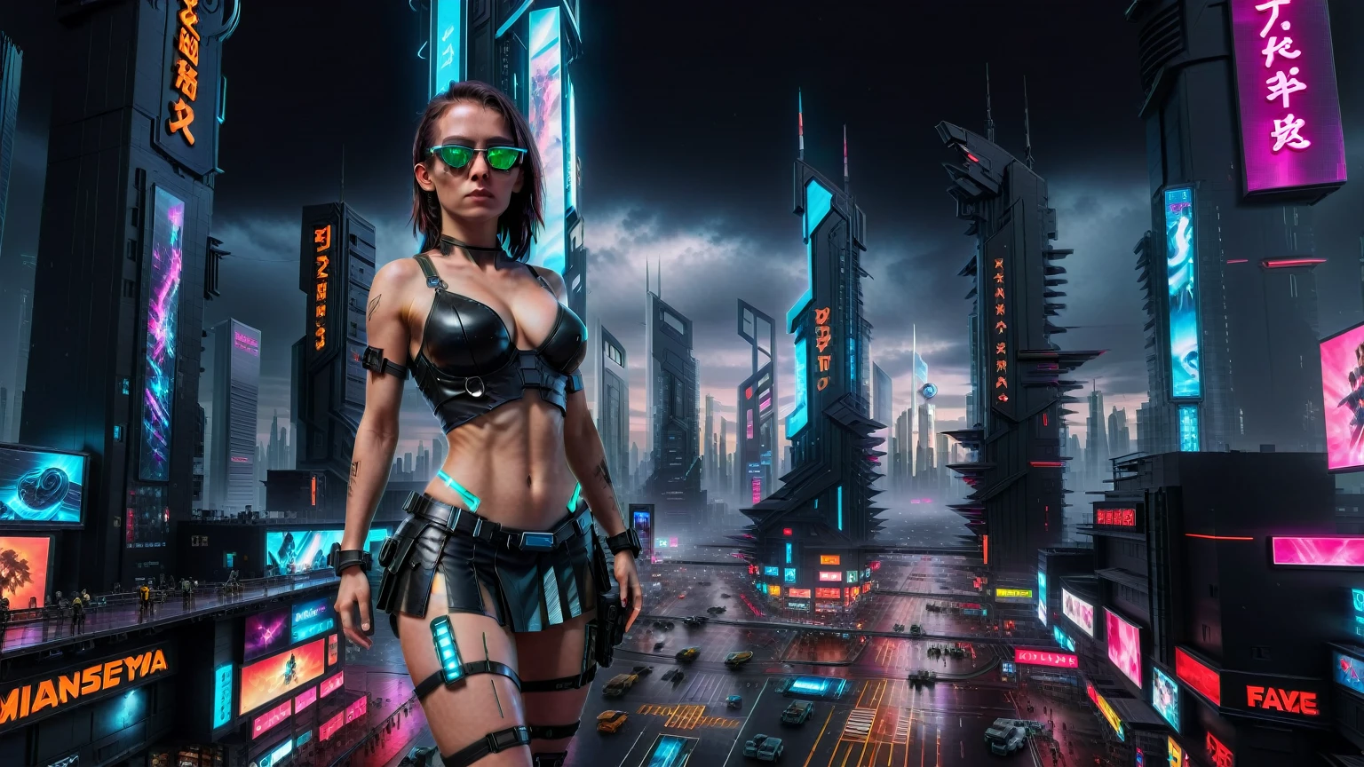 (((blurry aerial view))) image of a cyberpunk cityscape, (((all-glass))) towering skyscrapers, a lot of neon lights and holographic billboards, futuristic, high-tech elements, 1drone. In the foreground, a woman, mechanical joints. at night, (((1girl, solo, alone))), photo realistic, (medium-breast slim body, cleavage), (((tank top, extreamly short pleated (((miniskirt))) exposing panty))), (((((black sunglasses))))), (((((aiming at camera with a (short ), (looking at camera)))))), (((dynamic pose))), (((((half-body (thigh level) medium shot))))), (cinematic lighting).