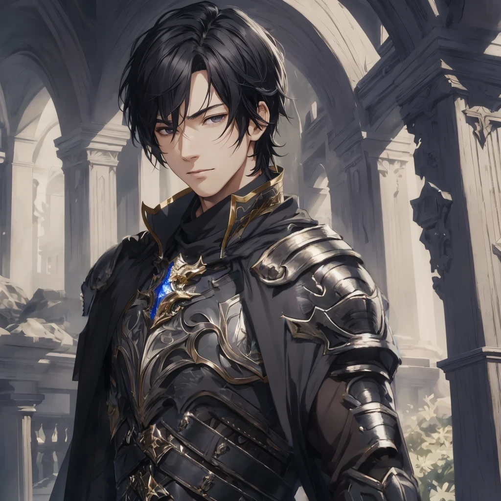 masterpiece, best quality, 1man, adult, male focus, solo, medium hair, black hair,, looking at viewer, cape, High quality metal texture, overcoat, closed mouth, upper body, bangs, high collar,(kbxll:0.6), Fantasy aesthetics, Highly detailed, shadowverse style, armored gloves, metallic gloves, black armor