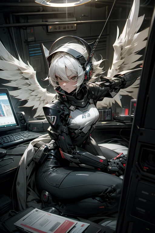 anime style, super fine illustration, highly detailed, dynamic angle, beautiful detailed, 8K, At midnight, in a dark room, Blake. A woman sits in front of her computer. BREAK She is wearing a headset with a microphone and holding a video game controller, BREAK She is playing a awesome game.Angel Halo,Angel Wings,Tears,White Hair,Short Hair,angry face,perfect face