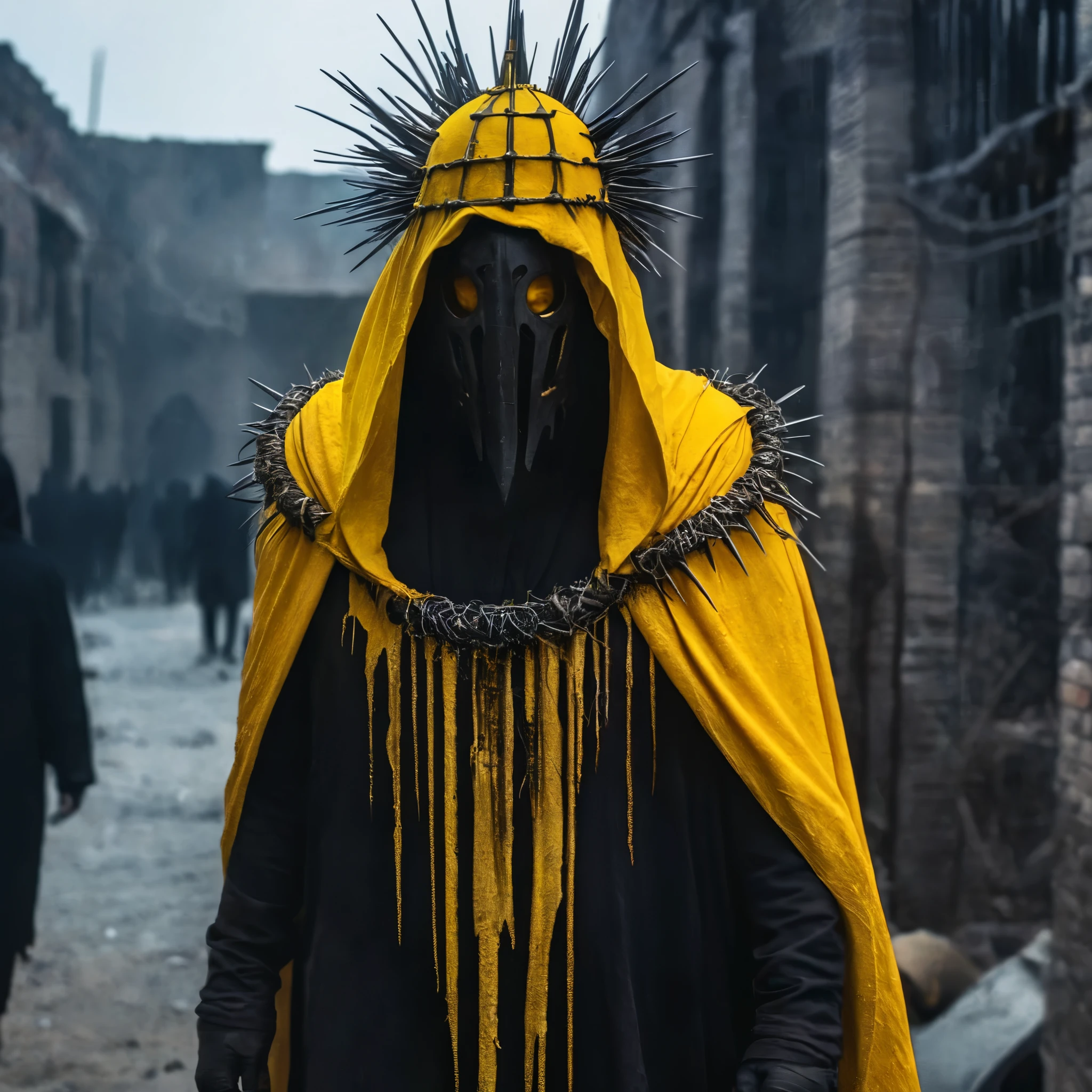 Horror-themed,  In an ancient and mysterious city a person wearing a yellow helmet with yellow spikes on it carcosa city style, Eerie, unsettling, dark, spooky, suspenseful, grim, highly detailed