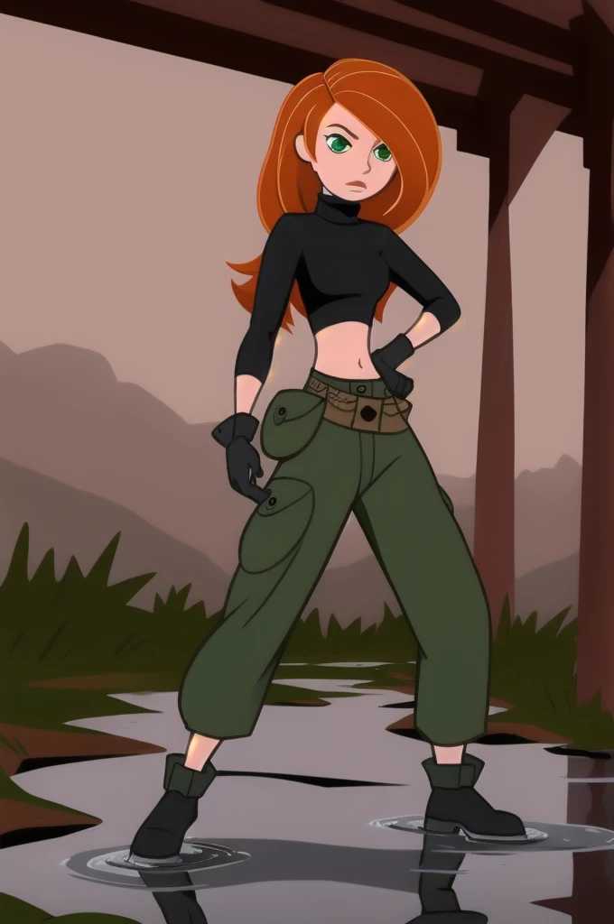 Best_QualityPos, RAW photo, intricate details, best quality, 8k uhd, soft lighting, 1girl, solo, green eyes, orange hair, long hair, black gloves, black turtleneck sweater, crop top, midriff, long sleeves, belt, belt pouch, green cargo pants, black shoes she is in the watery swamp her legs are covered in the muddy water