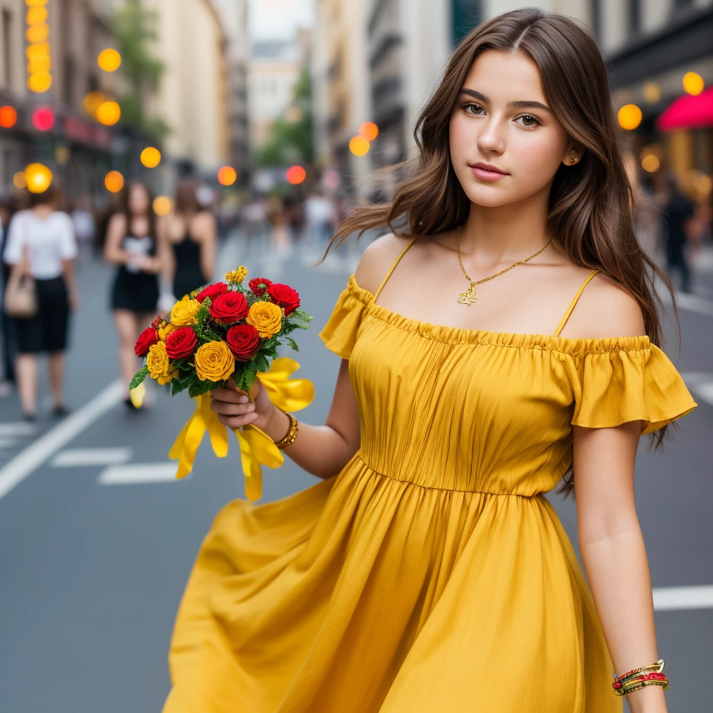 selfie, top view: 1.4),full body shot, RAW UHD portrait photo of a 24-year-old long brown-haired (blue-eyed woman)Small riverside， deep shading, discreet, cold light, sexy looks, breasts, the city at night, detailed portrait of a tailor, wearing an elegant fashion yellow dress with glitter purse, detailed textures, high definition, Instagram pose, real pose,long-range away shot,soft smile, dynamic poses

