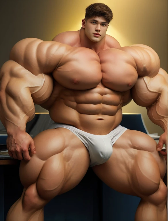 1boy, giant, alone, giant bodybuilder, illuminating light, strong body, bulk, large size, staying in the white photo studio, , white triangular underwear, thick bulge, extraordinary big, brutalmass, giant muscular body, bulk, buff, massive body, large meaty body size, extremely wide body
