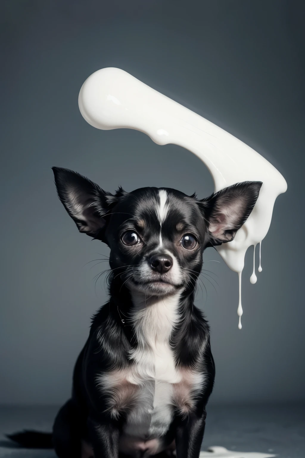 and. Black Chihuahua who wants to be white paints himself with white paint on his body