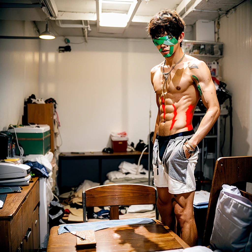 realistic, underwear, Korean male_focus, alleyway, jewelry, necklace, indoors, male_tanga_underwear, navel, brown_hair, solo_focus, looking_at_viewer, fat, blurry, desk, short_hair, tanga, many friends blurry_background, topless_male, multiple_students, standing