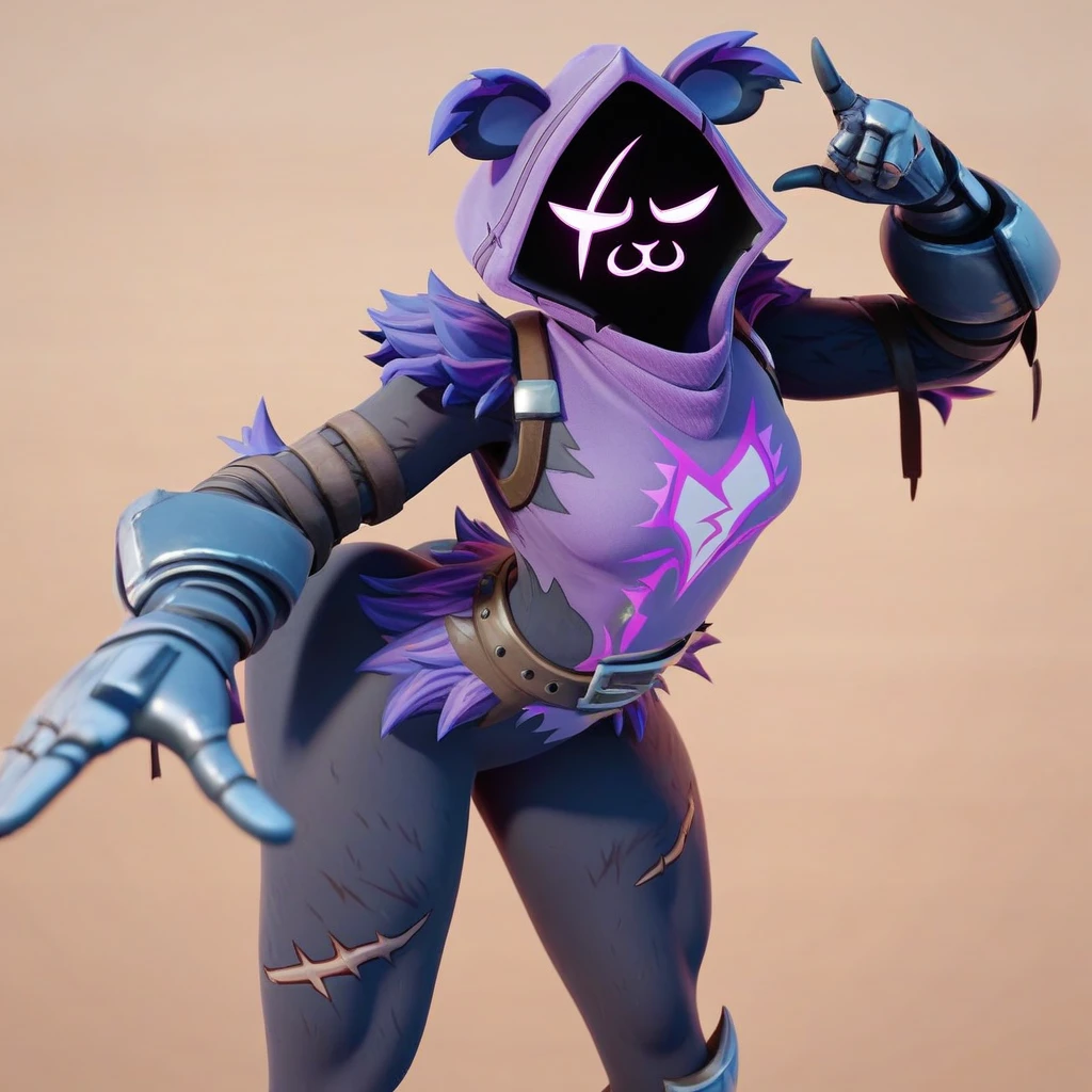 Raven team leader,purple hoodie, with no face, shadowed face, animal ears,purple skin, scar on eye, body skin, purple fur, waist belt, torso symbol, metal gloves, pointing your ass at the viewer, leaning forward, pushing, she closes her eyes, hands resting on top of a small wall, her with her eyes closed, hands are not in the air, expression of force, clear and blue day