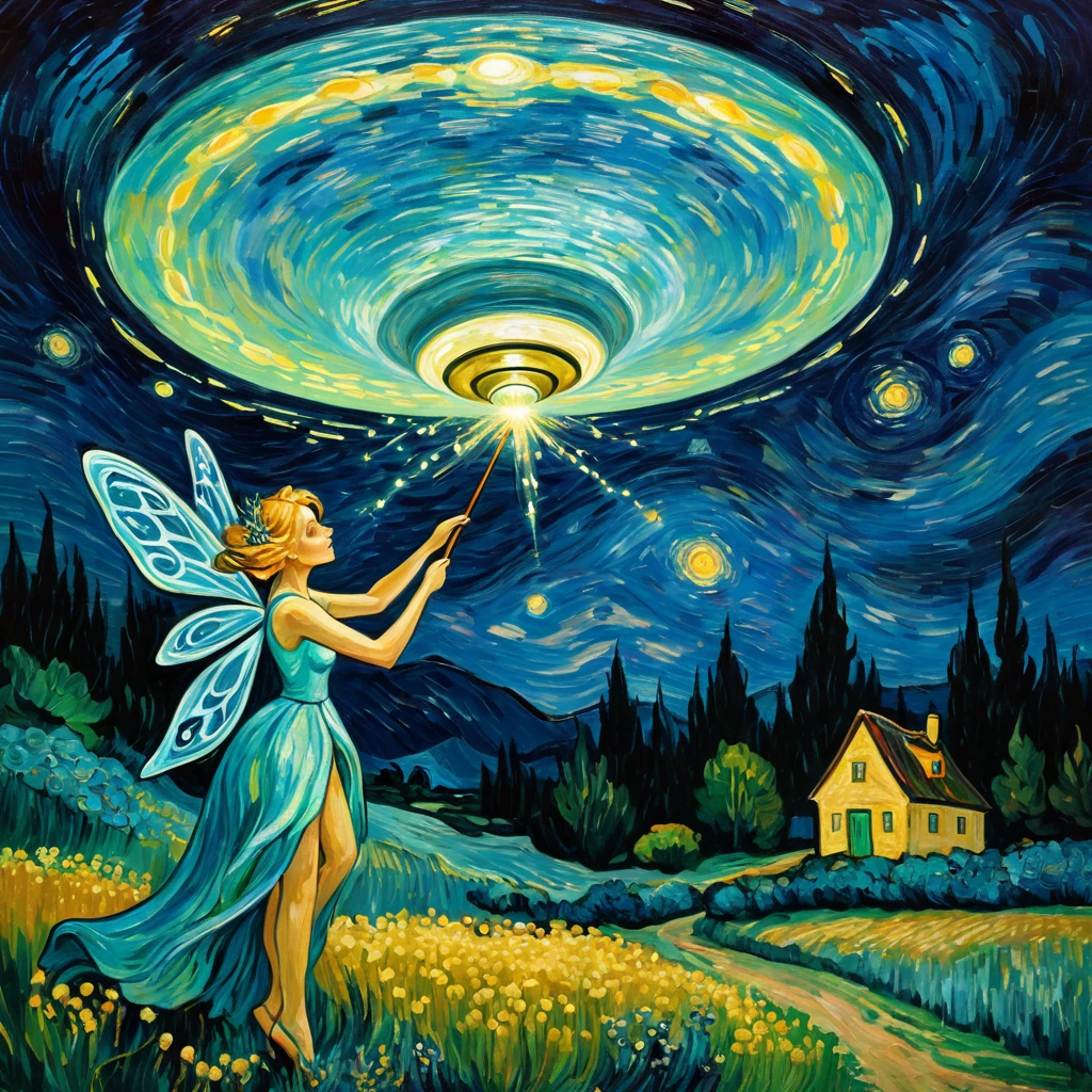 Painting in the style of Van Gogh, a (fairy:1.5) with a magic wand conjured an alien flying saucer UFO