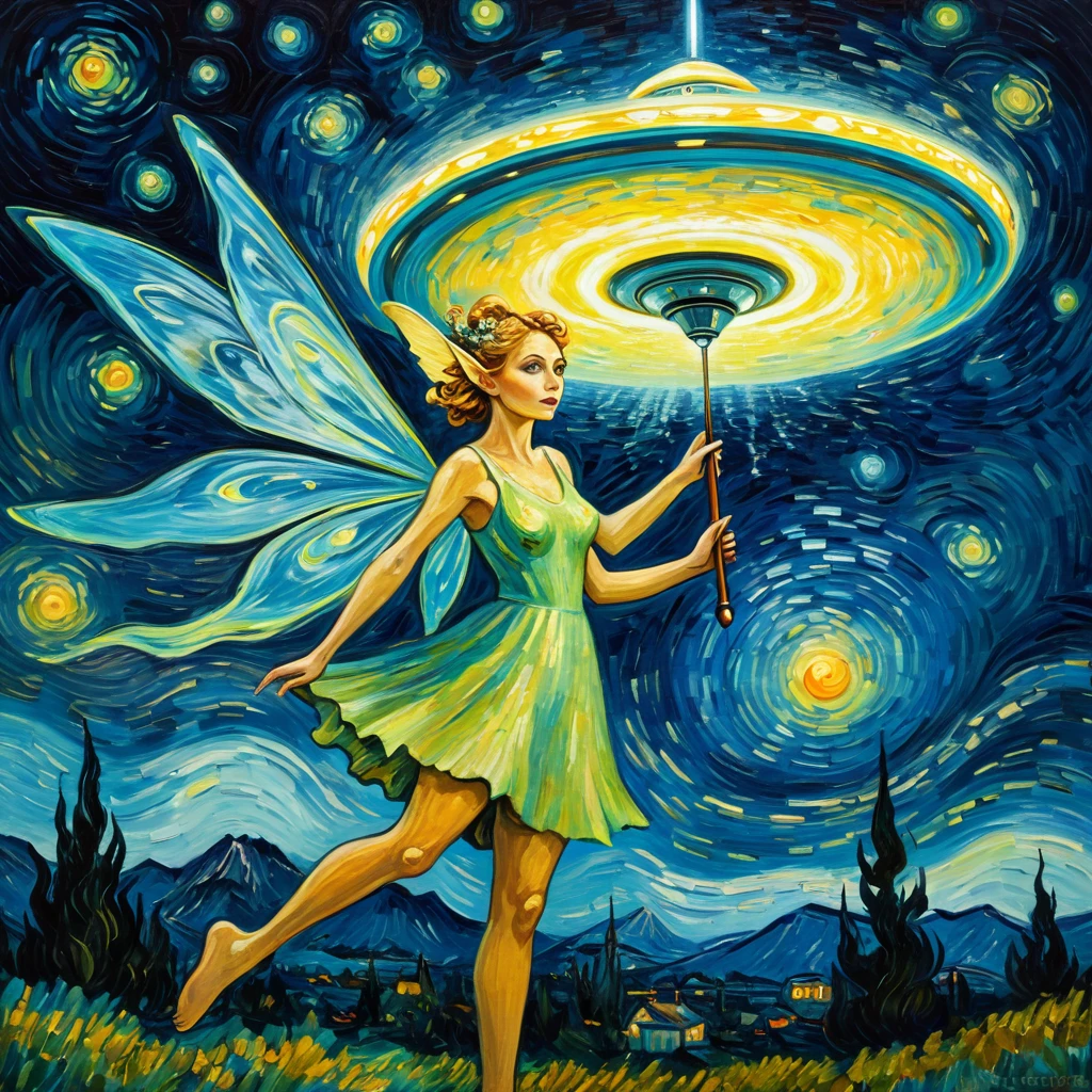 Painting in the style of Van Gogh, a (fairy:1.5) with a magic wand conjured an alien flying saucer UFO 