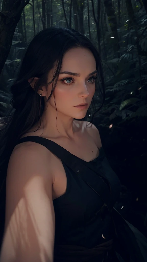Pointy ears, dense forrest. Magical woman. Huntress. Looking at viewer. Quiver of arrows on her back.