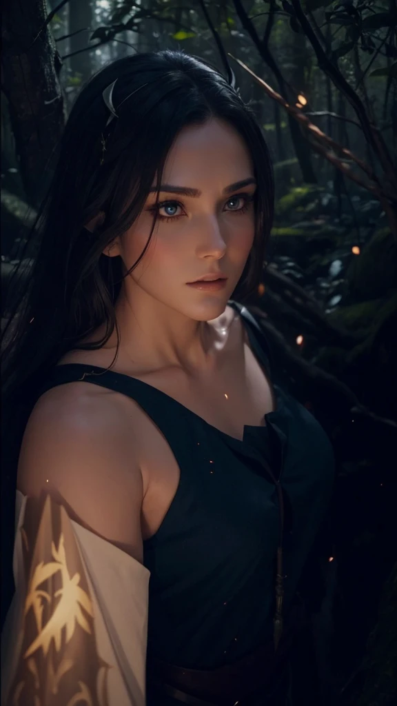 Pointy ears, dense forrest. Magical woman. Huntress. Looking at viewer. Quiver of arrows on her back.