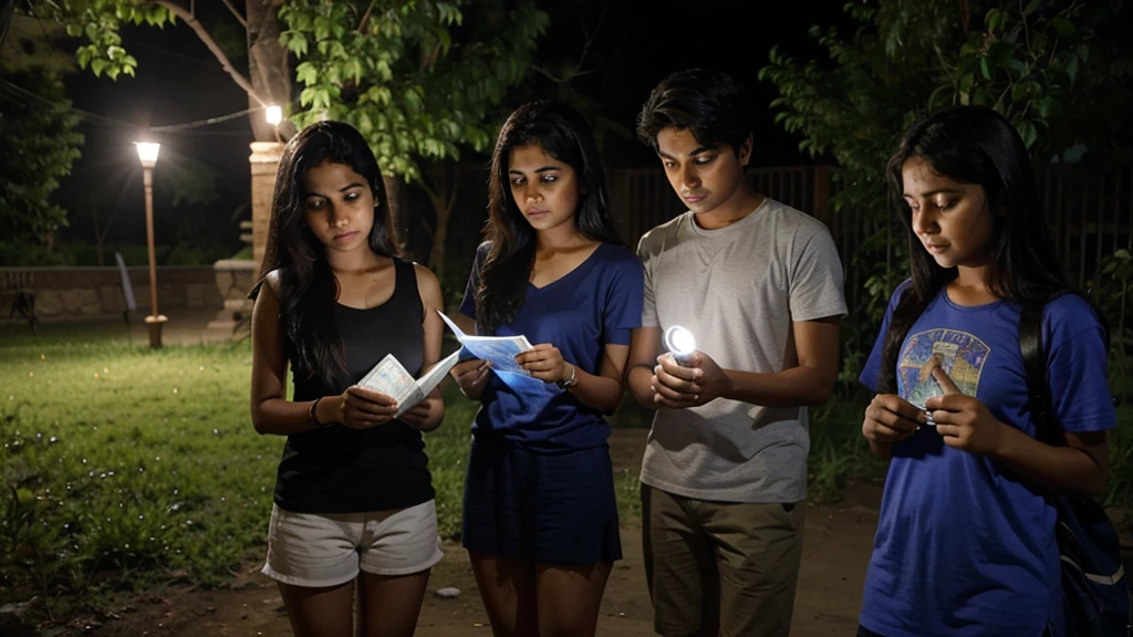 Four friends, Aryan, Mihir, Sakshi, and Ananya, gathered together, looking determined and curious. They are holding a flashlight and a map, planning their adventure.
