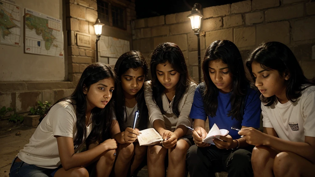 Four friends, Aryan, Mihir, Sakshi, and Ananya, gathered together, looking determined and curious. They are holding a flashlight and a map, planning their adventure.