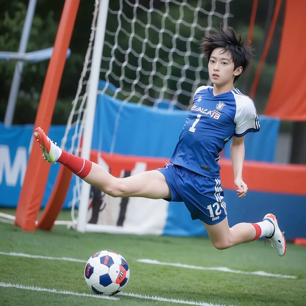 Boy, colors, with the ball, on the background of a football goal