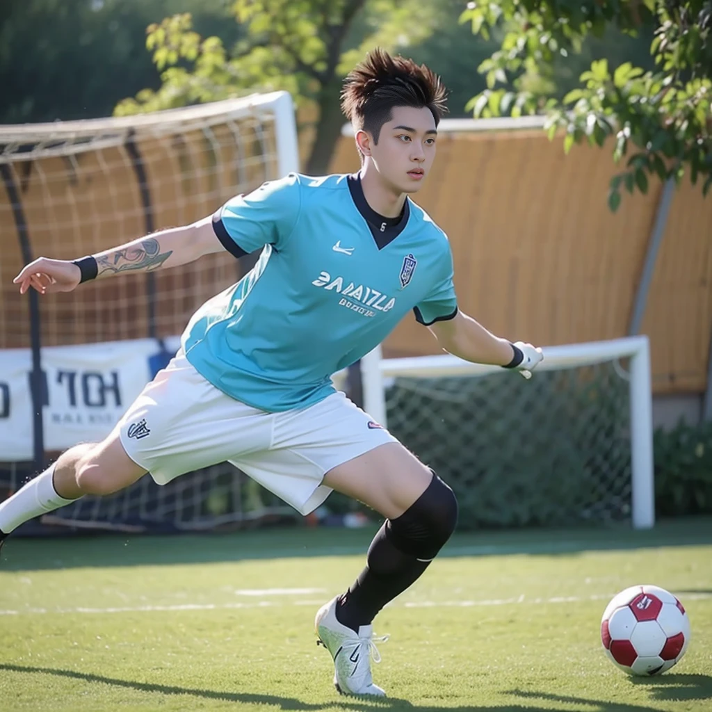 Boy, colors, with the ball, on the background of a football goal