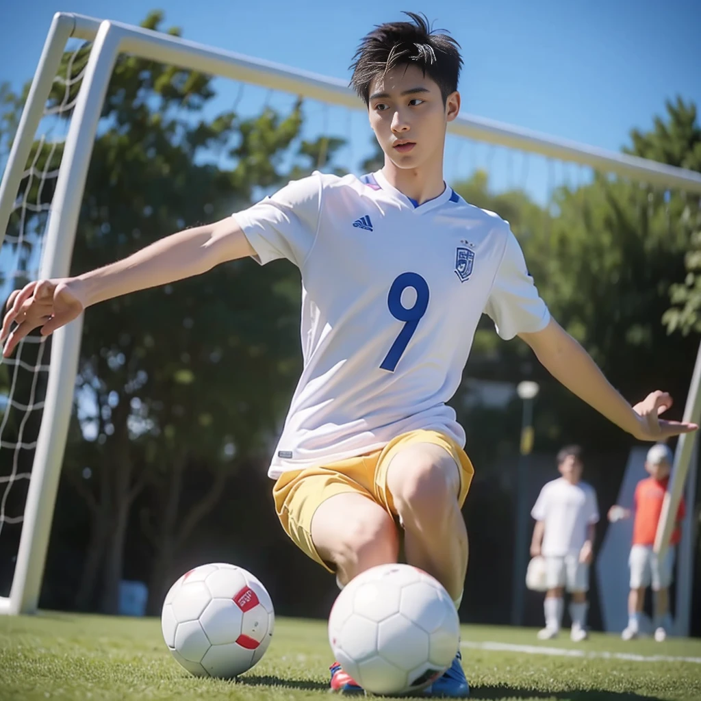 Boy, colors, with the ball, on the background of a football goal