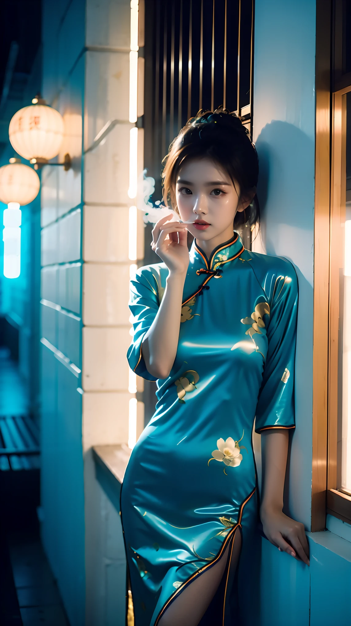 Best quality，masterpiece，K，A girl，Wearing blue cheongsam，Leaning against the wall，Film quality，smoke，Neon，High light-dark contrast，night