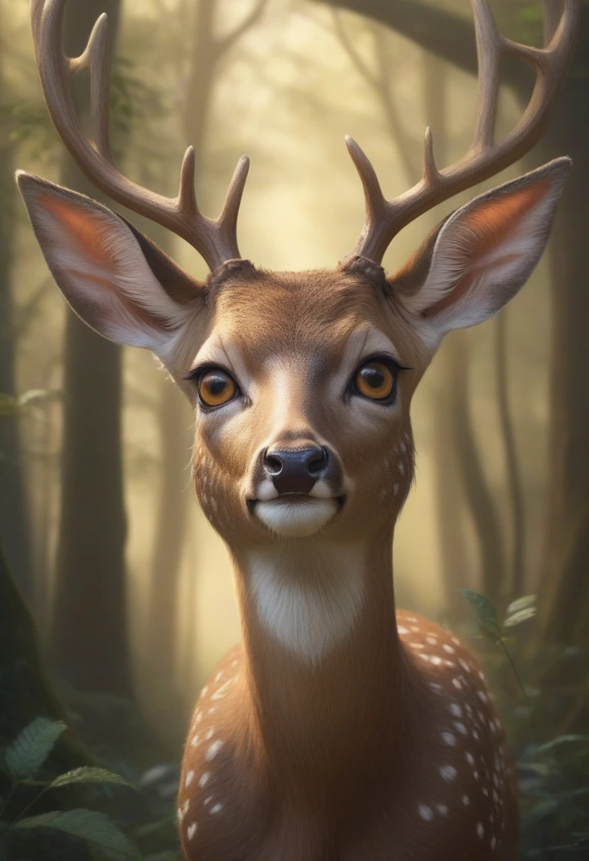 (Masterpiece artwork, high resolution, CGI, detailed: 1.4), portrait of the beings of the enchanted forest, (brown skin with light markings like deer: 1.3), (big sensitive ears: 1.2), (big, golden eyes like a cat&#39;s: 1.3), vertical pupils, (some with intense green or red eyes: 1.2), (hands with three fingers and one thumb, sharp black claws: 1.3), (light bodies, fast and graceful: 1.2), (enchanted forest environment in the background: 1.1), bright leaves and ancient trees, (magical and ethereal atmosphere: 1.3), details Intricate, (naturalistic and fantastic perspective: 1.2)