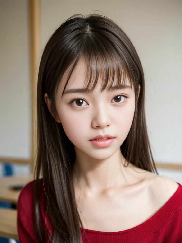 A filipina young girl, with 14 years old baby face, long straight messy hair, random pose、top-quality、A high resolution、(Photorealsitic:1.5)、1 girl、Red sweater、(Brown hair:1.2)、(flat chested:1.2)、‎Classroom、looking at viewert、a closeup、full body Esbian、Nasty eyes, seducing viewer