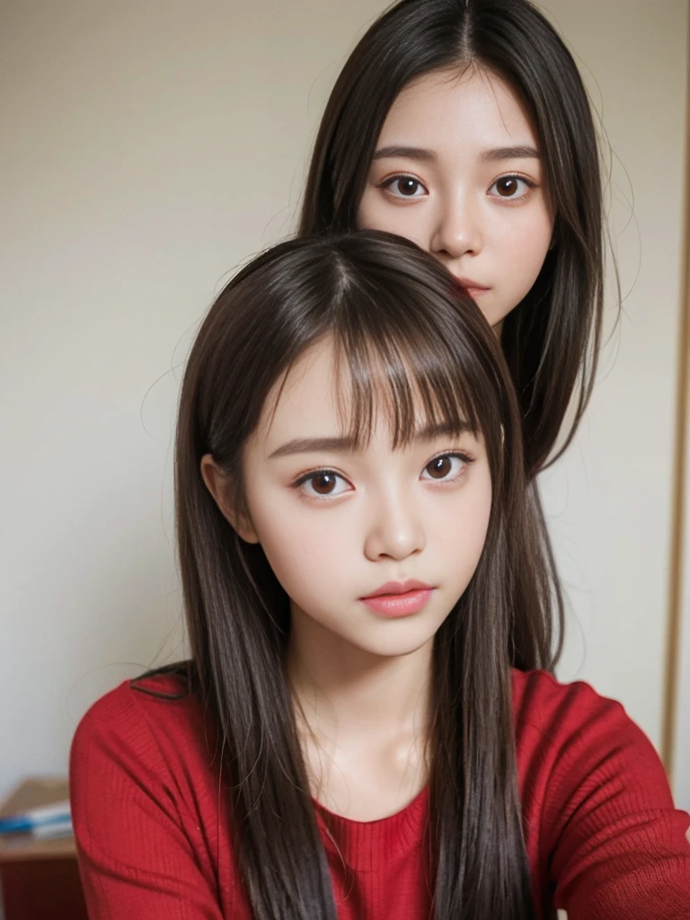 A filipina young girl, with baby face, long straight messy hair, random pose、top-quality、A high resolution、(Photorealsitic:1.5)、1 girl、Red sweater、(Brown hair:1.2)、(flat chested:1.2)、Classroom、looking at viewert、a closeup、full body Esbian、Nasty eyes, seducing viewer