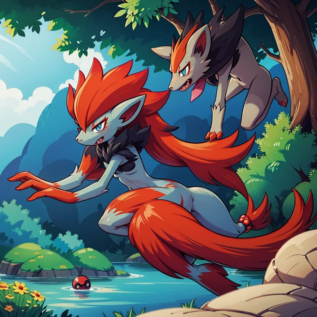 zoroark, pokemon (creature),forest, lake,