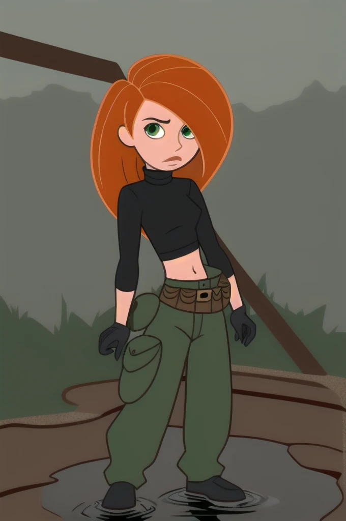 Best_QualityPos, RAW photo, intricate details, best quality, 8k uhd, soft lighting, 1girl, solo, green eyes, orange hair, long hair, black gloves, black turtleneck sweater, crop top, midriff, long sleeves, belt, belt pouch, green cargo pants, black shoes she is in the watery swamp her legs are covered in the muddy water i said her legs