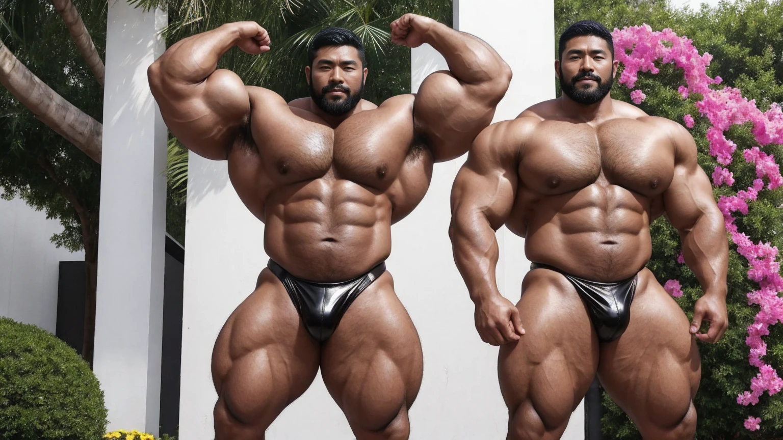 There is only one handsome Asian actor in the photo，35 years old，High target, Fitness，short hair, O-Shaped Beard，Perfect body, Dark skin color，Radiant Skin，Smooth skin，Muscle bulge, muscular, Very large pectoral muscles，Very sexy abdominal muscles，Very well-developed leg muscles，Huge concave and convex area，Brightens oily skin，Wearing black leather shiny thong，Handsome face， Correct and accurate male body proportions, Wear black socks，There are iron chains around the body，Stand among the flowers。
