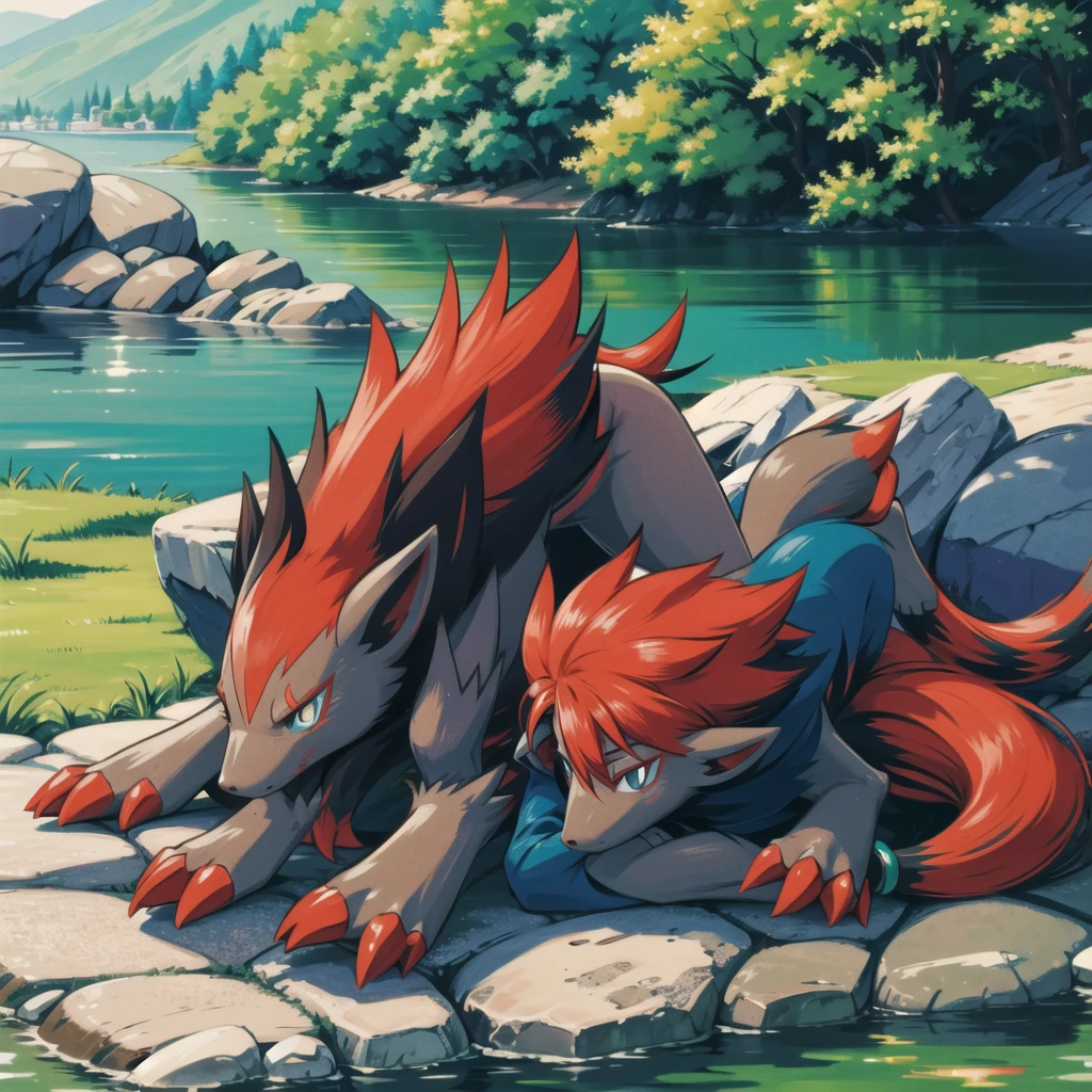 zoroark, pokemon (creature),forest, lake,