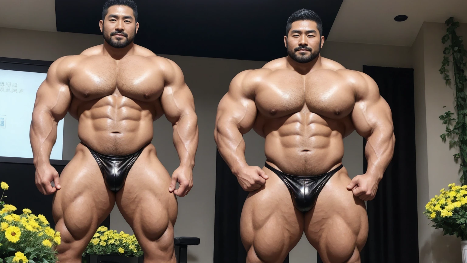 There is only one handsome Asian actor in the photo,35 years old,High target, Fitness,short hair, O-Shaped Beard,Perfect body, Dark skin color,Radiant Skin,Smooth skin,Muscle bulge, muscular, Very large pectoral muscles,Very sexy abdominal muscles,Very well-developed leg muscles,Huge concave and convex area,Brightens oily skin,Wearing black leather shiny thong,Handsome face, Correct and accurate male body proportions, Wear black socks,There are iron chains around the body,Stand among the flowers。
