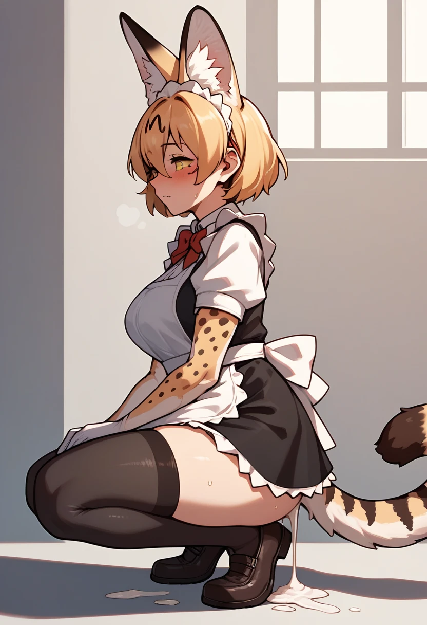 Score_9, Score_8_up, Score_7_up, Score_6_up, Score_5_up, Score_4_up, source_anime, 1girl, nsfw, maid, after sex, servalkemono, scat, serval ears, cum, squatting, cumdrip, from side