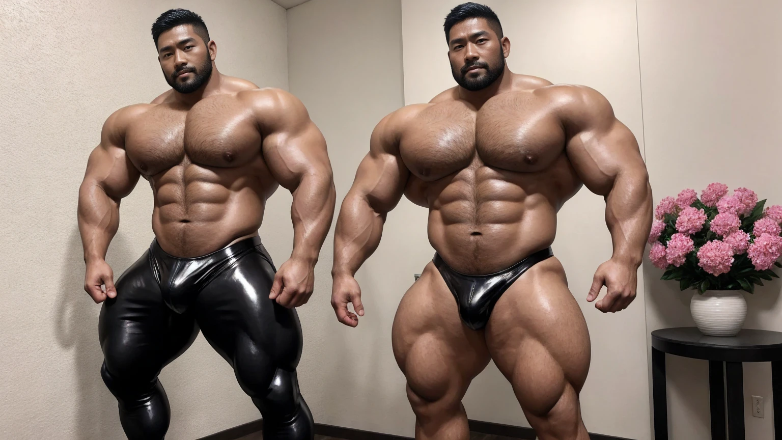 There is only one handsome Asian actor in the photo,35 years old,High target, Fitness,short hair, O-Shaped Beard,Perfect body, Dark skin color,Radiant Skin,Smooth skin,Muscle bulge, muscular, Very large pectoral muscles,Very sexy abdominal muscles,Very well-developed leg muscles,Huge concave and convex area,Brightens oily skin,Wearing black leather shiny thong,Handsome face, Correct and accurate male body proportions, Wear black socks,There are iron chains around the body,Stand among the flowers。