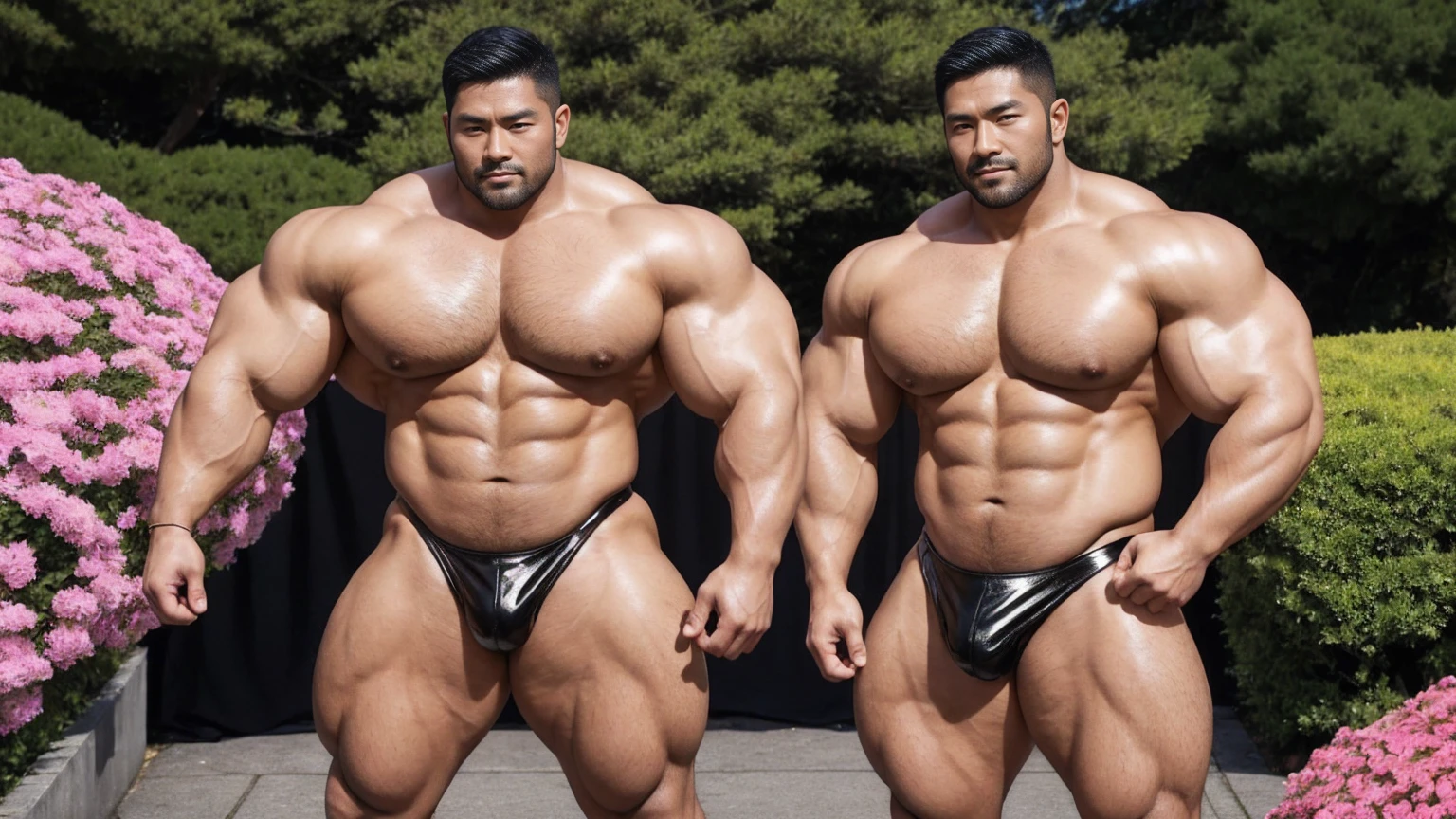 There is only one handsome Asian actor in the photo,35 years old,High target, Fitness,short hair, O-Shaped Beard,Perfect body, Dark skin color,Radiant Skin,Smooth skin,Muscle bulge, muscular, Very large pectoral muscles,Very sexy abdominal muscles,Very well-developed leg muscles,Huge concave and convex area,Brightens oily skin,Wearing black leather shiny thong,Handsome face, Correct and accurate male body proportions, Wear black socks,There are iron chains around the body,Stand among the flowers。