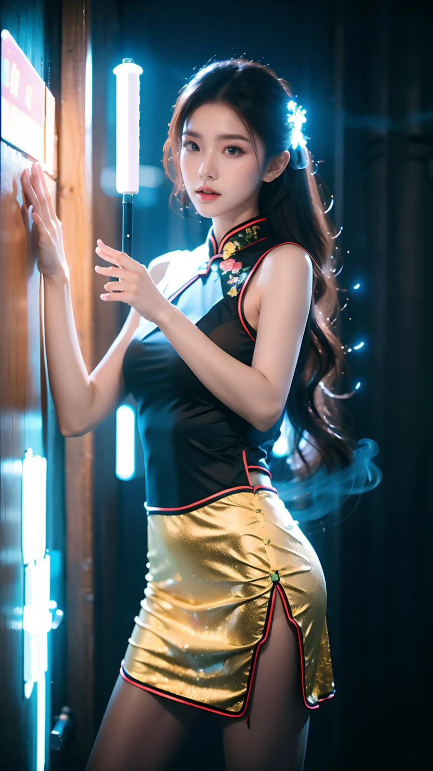 Best quality,masterpiece,16K,A girl,Wearing a black cheongsam,Leaning against the wall,Film quality,smoke,Neon,Luminescence,Multiple light sources,High light-dark contrast,night
