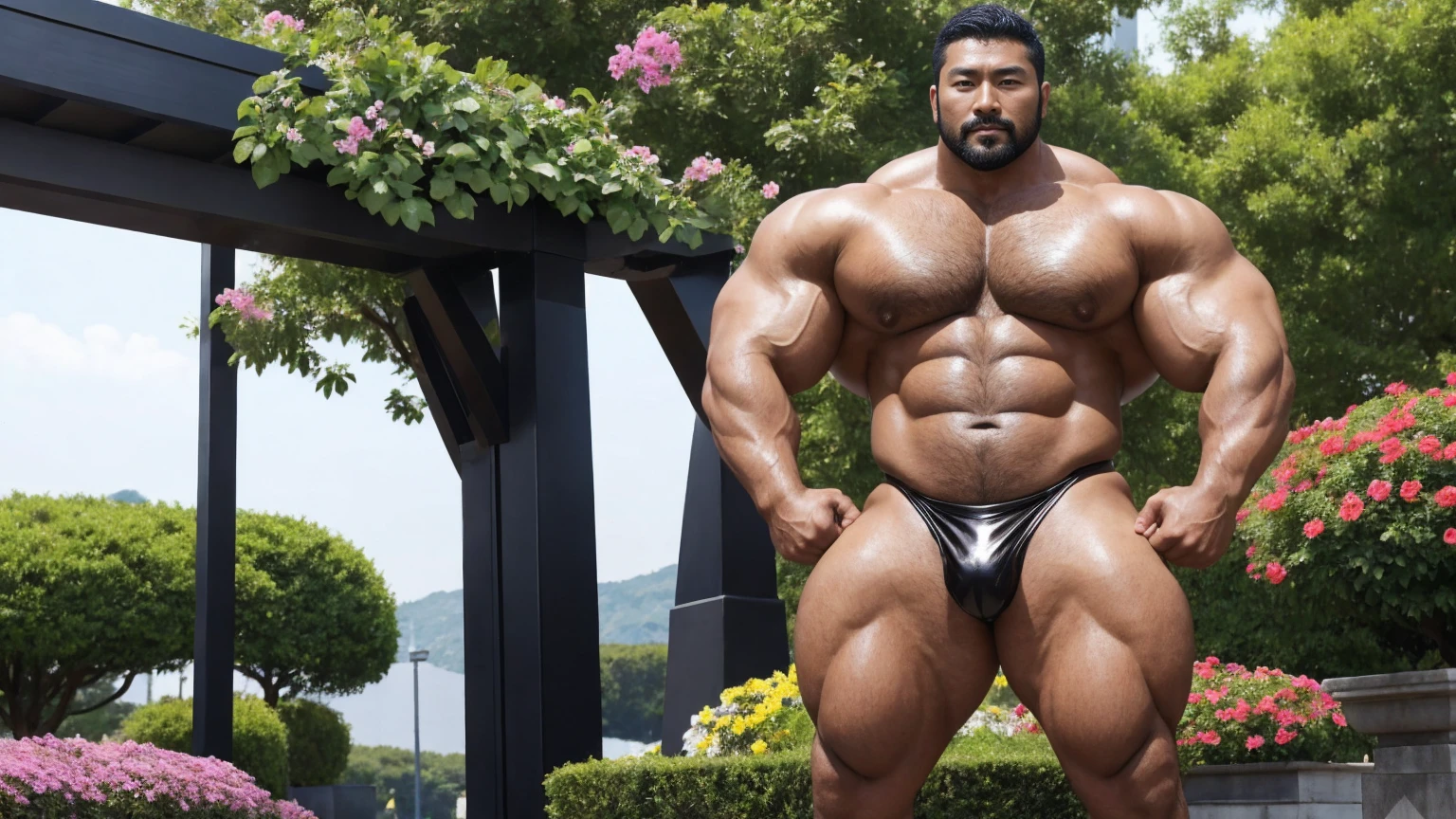 There is only one handsome Asian actor in the photo,35 years old,High target, Fitness,short hair, O-Shaped Beard,Perfect body, Dark skin color,Radiant Skin,Smooth skin,Muscle bulge, muscular, Very large pectoral muscles,Very sexy abdominal muscles,Very well-developed leg muscles,Huge concave and convex area,Brightens oily skin,Wearing black leather shiny thong,Handsome face, Correct and accurate male body proportions, Wear black socks,There are iron chains around the body,Stand among the flowers。