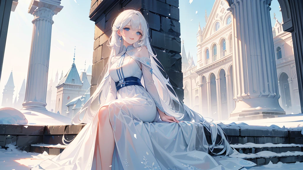 ((best quality，masterpiece，Extremely complex and exquisite details，There is only one beautiful girl with long white straight hair and blue eyes，Smile，long skirt))，(Exquisite light blue and white clothing，Beautiful bright and exquisite ancient style white castle architectural background)，(correct anatomy，exquisite face)，(Exquisite fantasy dream style，Snow，Falling Flowers，The great outdoors)，Sitting