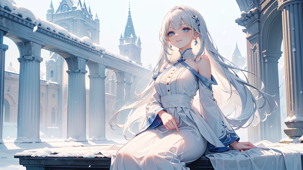 ((best quality,masterpiece,Extremely complex and exquisite details,There is only one beautiful girl with long white straight hair and blue eyes,Smile,long skirt)),(Exquisite light blue and white clothing,Beautiful bright and exquisite ancient style white castle architectural background),(correct anatomy,exquisite face),(Exquisite fantasy dream style,Snow,Falling Flowers,The great outdoors),Sitting