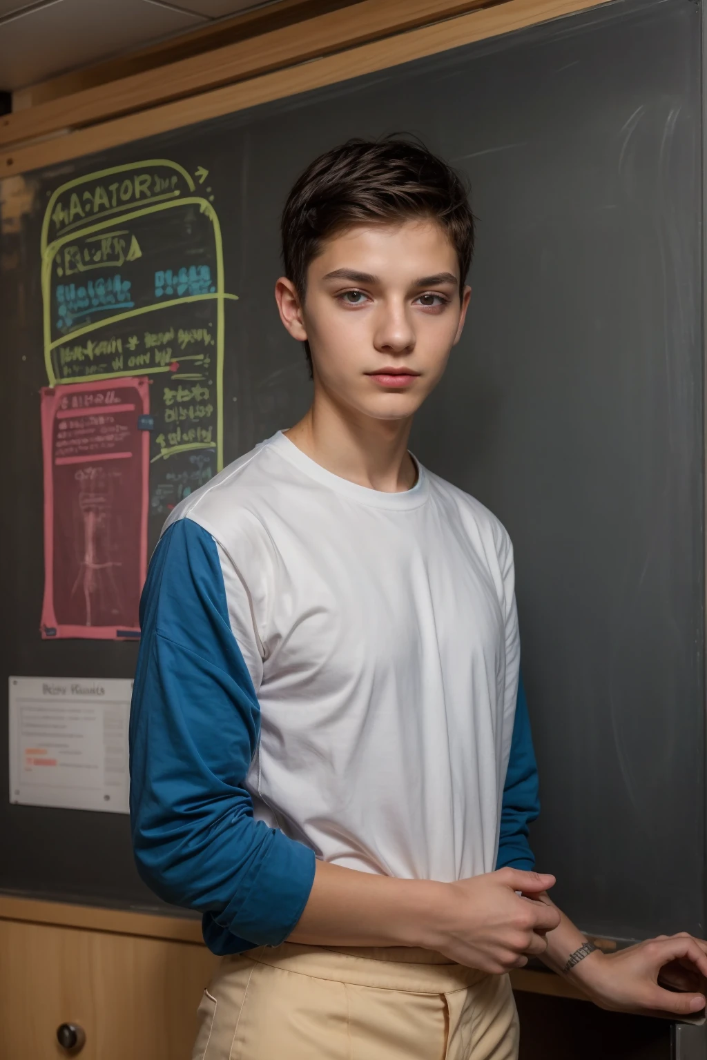 A beautiful young man, a cute male twink, with black hair, a face with reddish make-up, wearing a bright white long-sleeved shirt and aqua blue pants. He is in his office, and behind him is a blackboard on which is written the shape of the brain and its anatomy, and nuclear energy comes out of it.