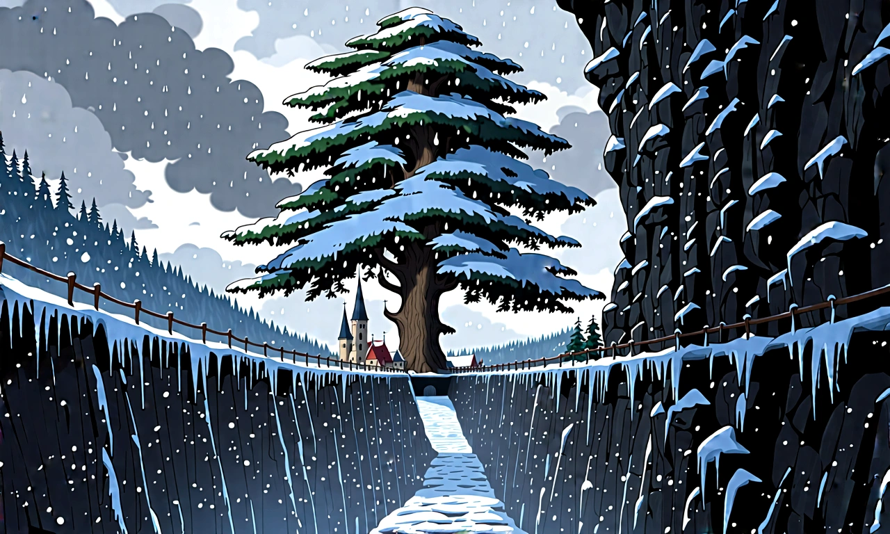  anime aestetic, winter time, icy canion, huge wide tree growing out of the horizontal wall, view from the rope bridge, gothic church on the top of the canion, snow falling, fantasy landscape, skies covered with grey clouds, perspective, atmospheric perspective, wide shot, 4K, 8k, highres, best quality, high quality, award winning, super detail, accurate, masterpiece, UHD
