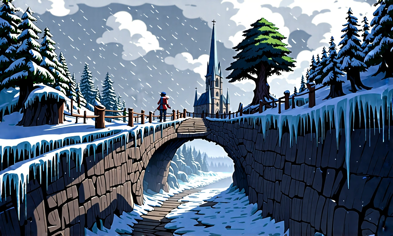  anime aestetic, winter time, icy canion, huge wide tree growing out of the horizontal wall, view from the rope bridge, gothic church on the top of the canion, snow falling, fantasy landscape, skies covered with grey clouds, perspective, atmospheric perspective, wide shot, 4K, 8k, highres, best quality, high quality, award winning, super detail, accurate, masterpiece, UHD